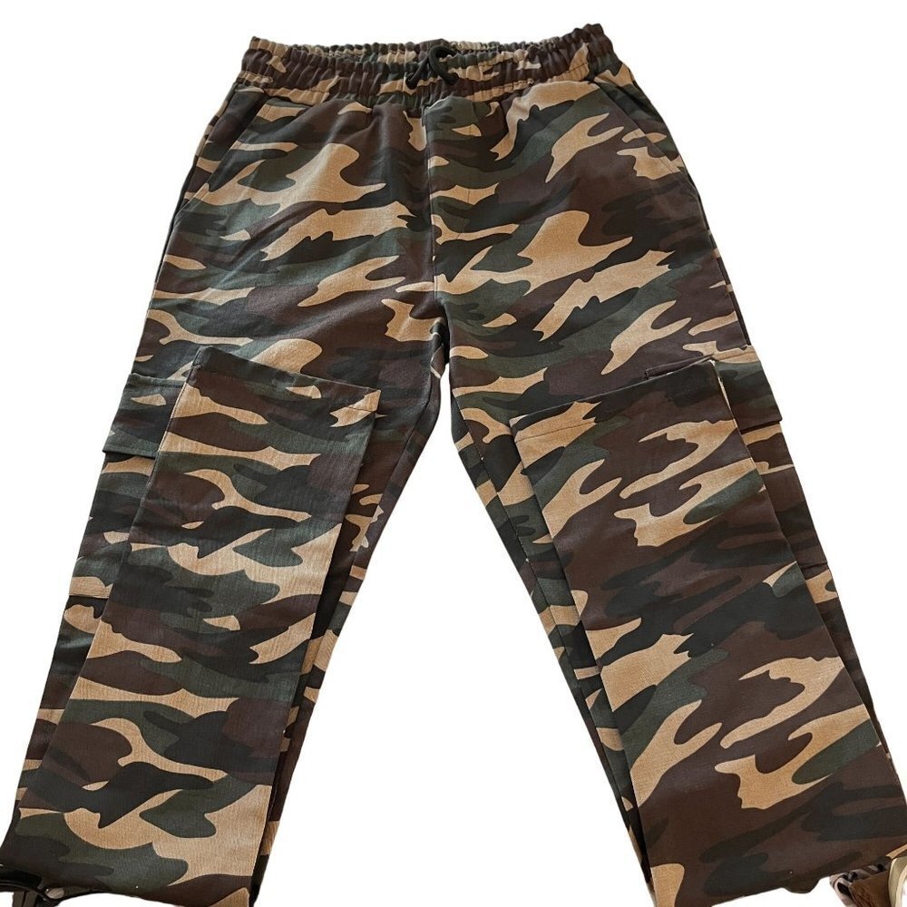 Boohoo Mens Pants Mens S Khaki Camo Cargo Twill Popper Hem Casual Pants‎